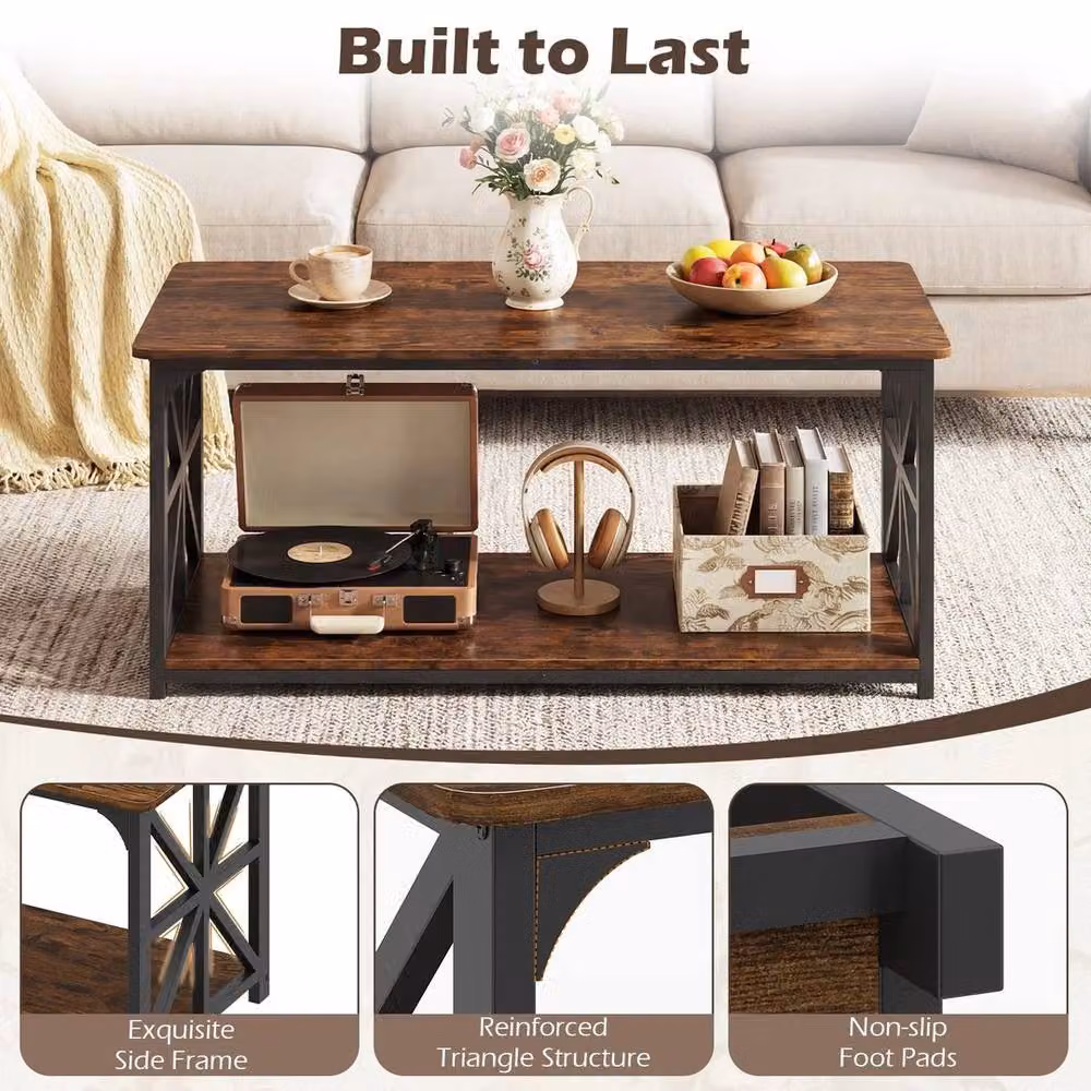 KORVIXA Brown Rustic Farmhouse Coffee Table, W/D/H: 109 x 50 x 48 cm – 4