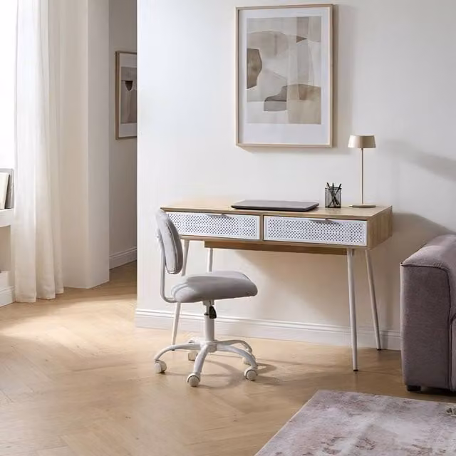 Wyld and Coco Scandinavian Writing Desk with Two White Drawers and Light Brown Wood-Effect Top – 1