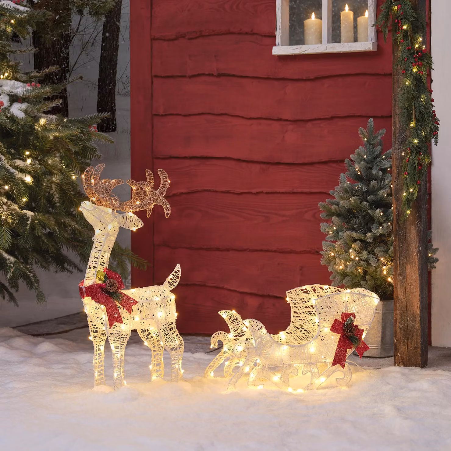 Lights4fun Harewood Reindeer and Sleigh Light Up Christmas Figure in White, Red and Gold, Height: 70 cm – 1
