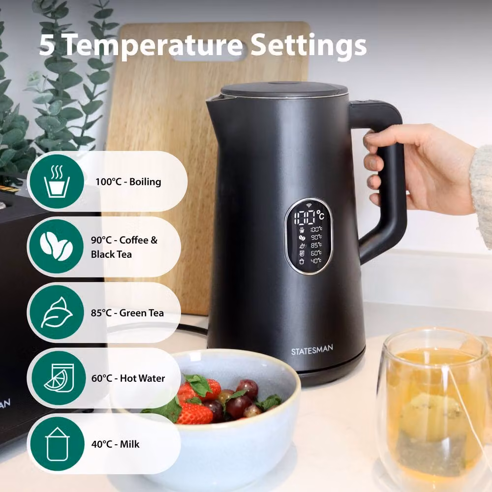 Statesman Smart Digital Kettle in Black with Temperature Control and App Integration, 1.5 l – 4