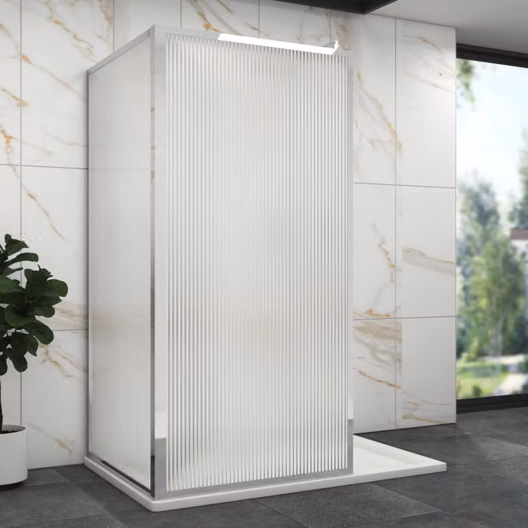 Royal Bathrooms Luxor 2 Sided Walk In Fluted Shower Enclosure with Stone Tray and Chrome Frame, Transparent Glass, W: 195.0 cm, Glass Thickness: 8 mm