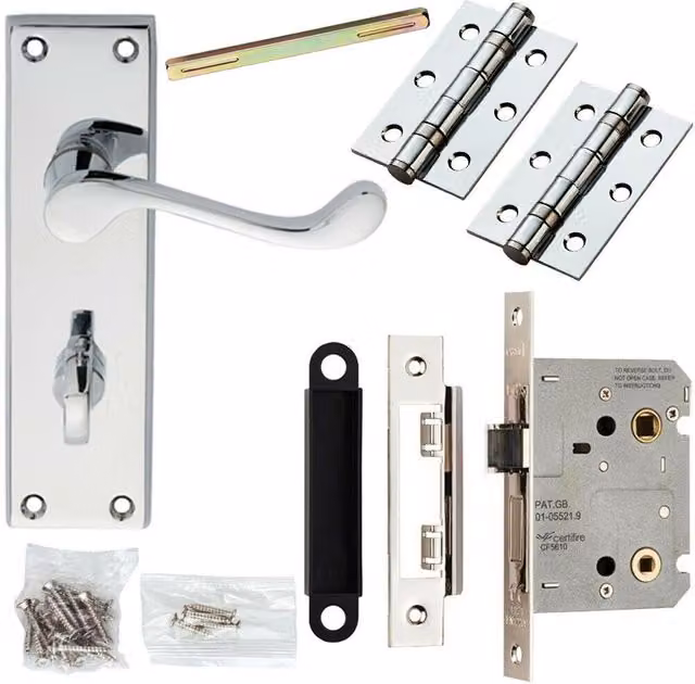 Loops Victorian Scroll Door Handle and Bathroom Lock Pack in Chrome, Backplate 150 x 43 mm