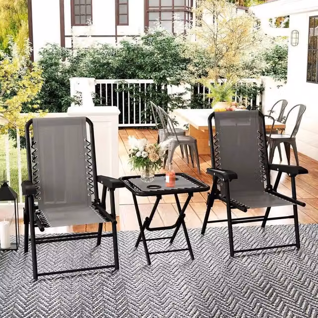 EONLION 3 Piece Folding Metal Garden Bistro Set in Grey – 1