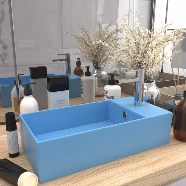 Berkfield Home Rectangular Ceramic Countertop Bathroom Sink with Overflow in Light Blue – 1