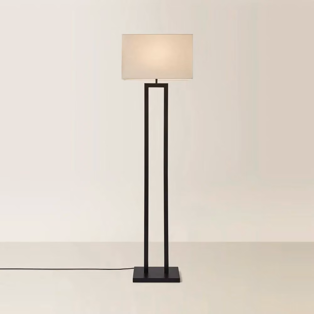 ValueLights Gloria Double Stem Metal Floor Lamp with Rectangular Fabric Shade in Black and Gold