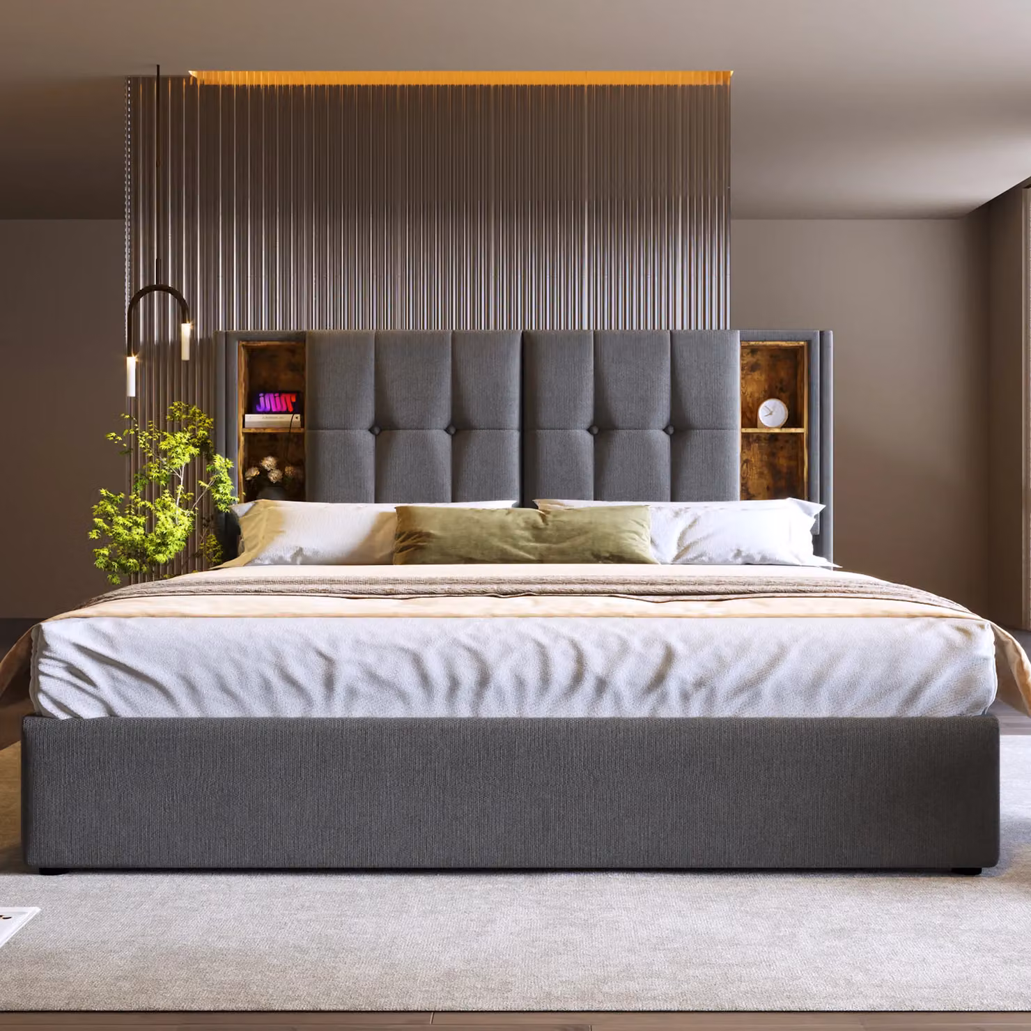 BTM Grey Upholstered Hydraulic Storage Bed Frame with Wireless Charging and USB Ports, Super King, 200 x 200 cm – 4