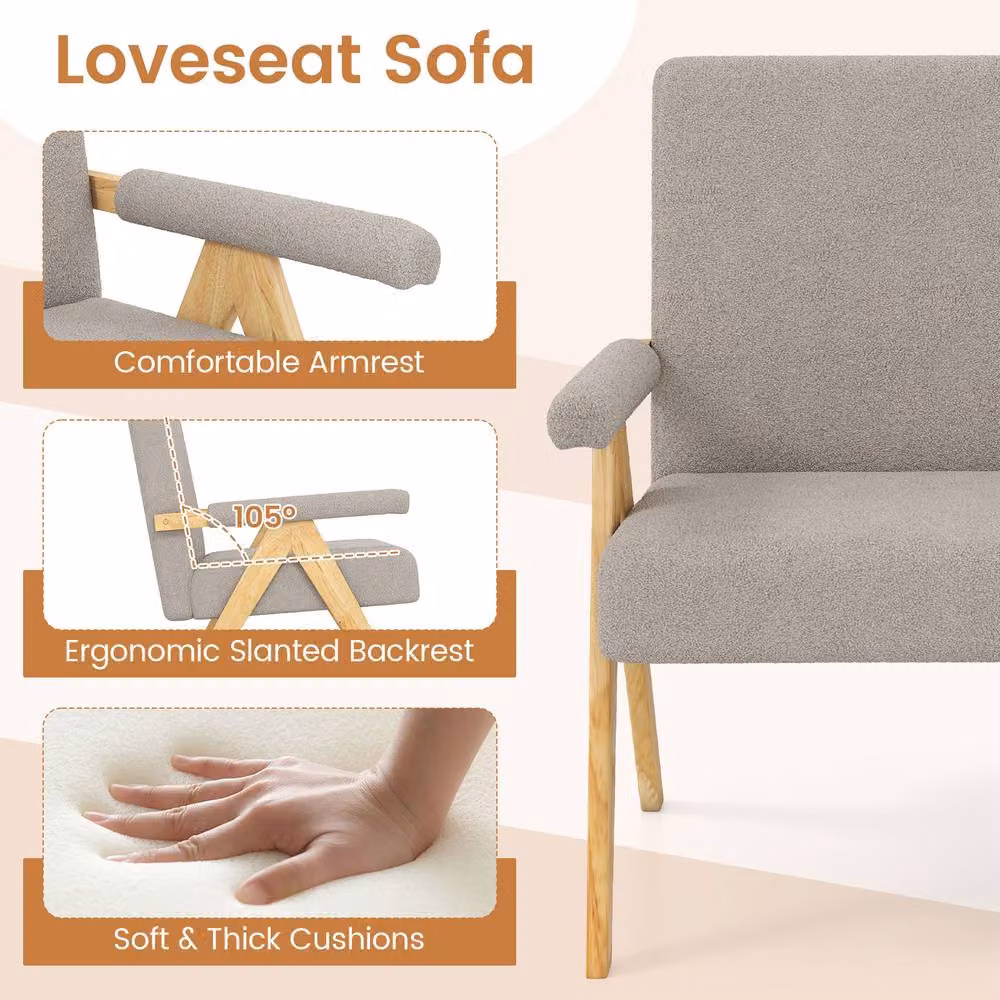 Gymax Grey Upholstered Sherpa Love Seat Sofa with Solid Rubberwood Frame and Armrests – 3