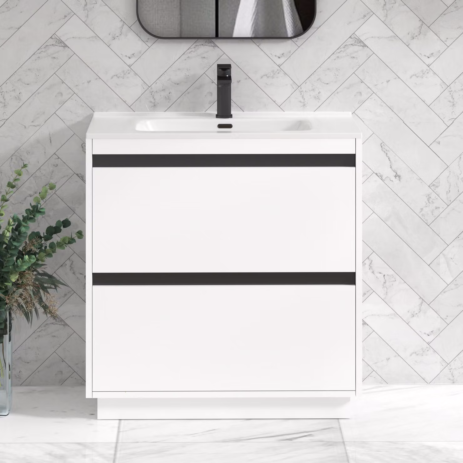 Royal Bathrooms Orion 800mm Matt White 2 Drawer Floor Standing Vanity Unit with Ceramic Basin and Black Accent Trim