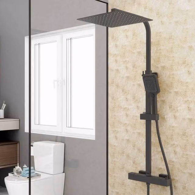 Hinsinc Matt Black Square Bar Twin Head Thermostatic Shower Set, Width: 180 cm, Height: 180 cm – 1