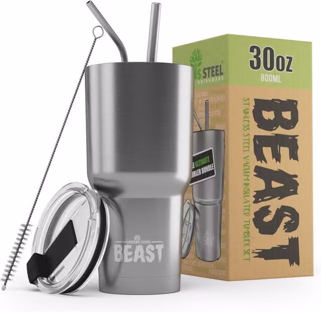 30oz Stainless Steel Double Insulated Coffee Travel Mug with Lid in Green Steel and Silver
