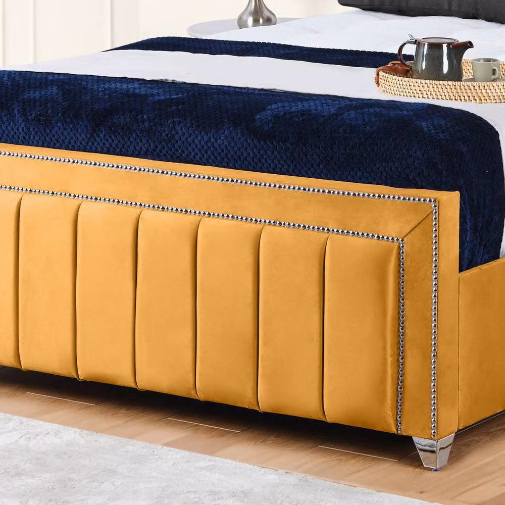 UK Bed Furniture Fiona Upholstered Slatted Base Bed with 48 Inch Headboard in Yellow Velvet, Size: Double (140 x 200 cm) – 3
