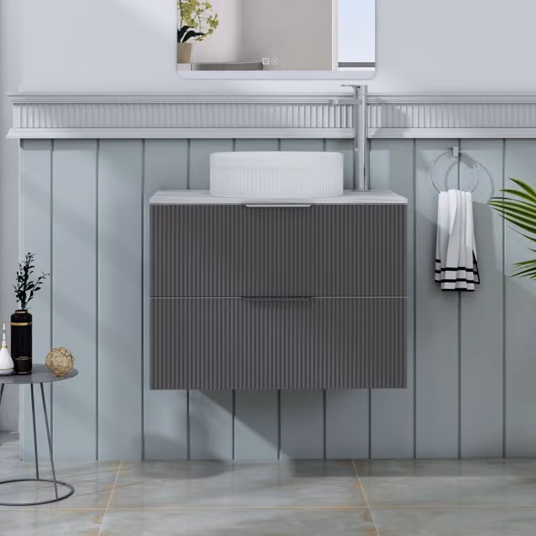 Royal Bathrooms Evora 700mm Graphite Grey Fluted Wall Hung Countertop Vanity Unit with 2 Drawers and Round Basin