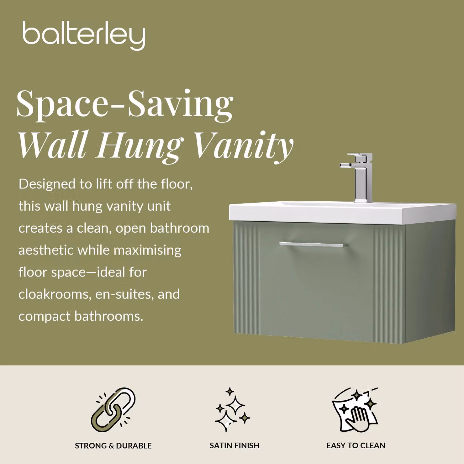 Balterley Wall Hung 1 Drawer Vanity Unit with Mid-Edge Basin, Satin Green, W: 60 cm, D: 39.9 cm, H: 60 cm – 2