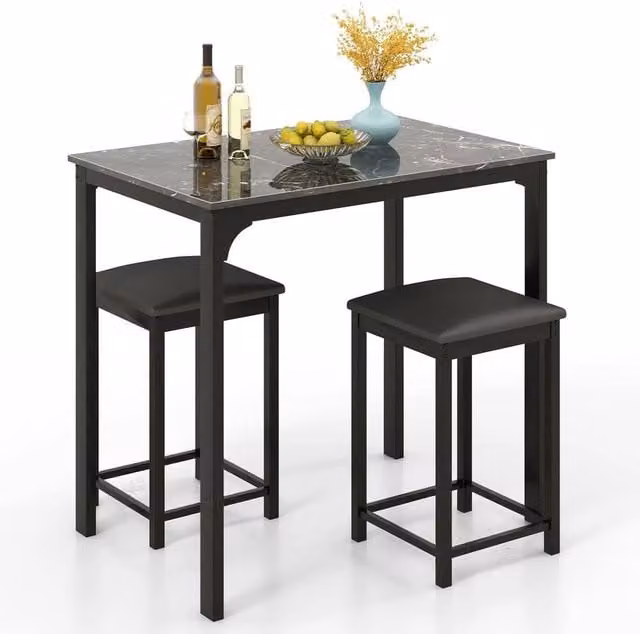 VOGREX Black 3-Piece Modern Counter Height Dining Set with Marble Effect Rectangular Table