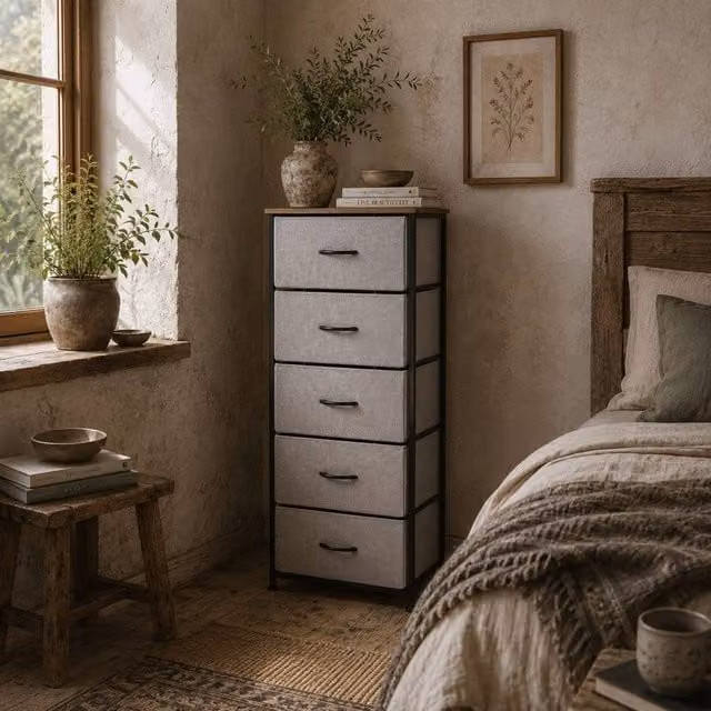 Wyld Haus 5 Drawer Fabric Chest with Steel Frame and Wood Effect Top in Grey and Light Grey, H 116 x W 45 x D 30 cm – 1