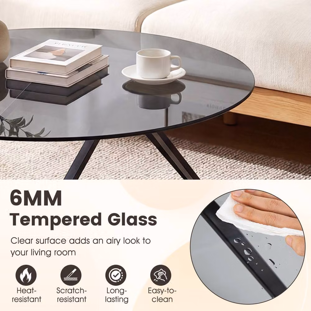 Costway Modern Round Tempered Glass Coffee Table in Black and Transparent – 4