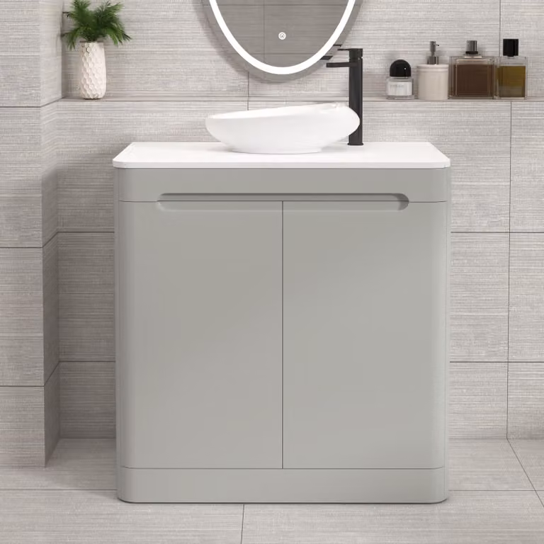 Royal Bathrooms Venice 800mm Floor Standing 2 Door Vanity Unit in Dove Grey with Plain White Worktop and Nova Basin