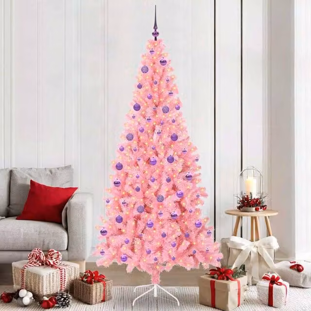 Berkfield Home Pink PVC Christmas Tree with 300 LEDs and Stand, Height: 210 cm