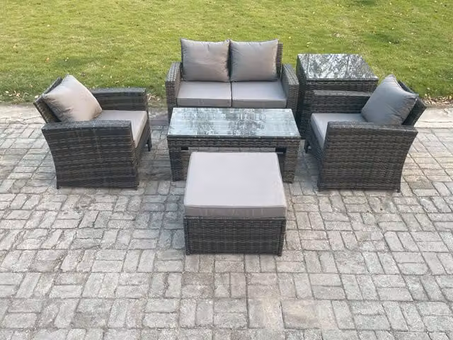Fimous 5 Seater Rattan Garden Furniture Set in Dark Grey with L-Shape Sofa, Coffee Table and Ottoman