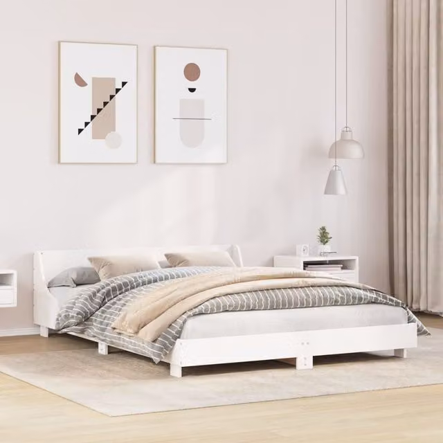 Berkfield Home King Size Solid Wood Pine Bed Frame in White, W/D/H: 150 x 200 cm