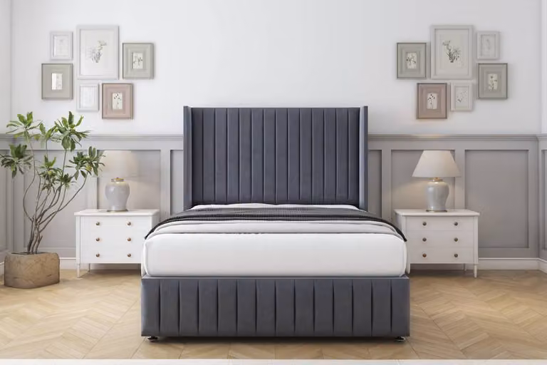 Sloomy Marlborough Plush Divan Set in Dark Grey, Small Single, with Wingback Headboard and Footboard