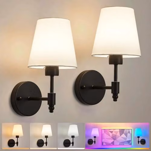 Harper Living Set of 2 Black Fabric and Metal Battery Operated Wall Lights with Remote Control and Rechargeable Bulbs