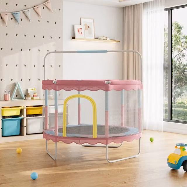 Kidkid Kids Outdoor Mini Trampoline with Balance Bar, Safety Net and Enclosure, Pink