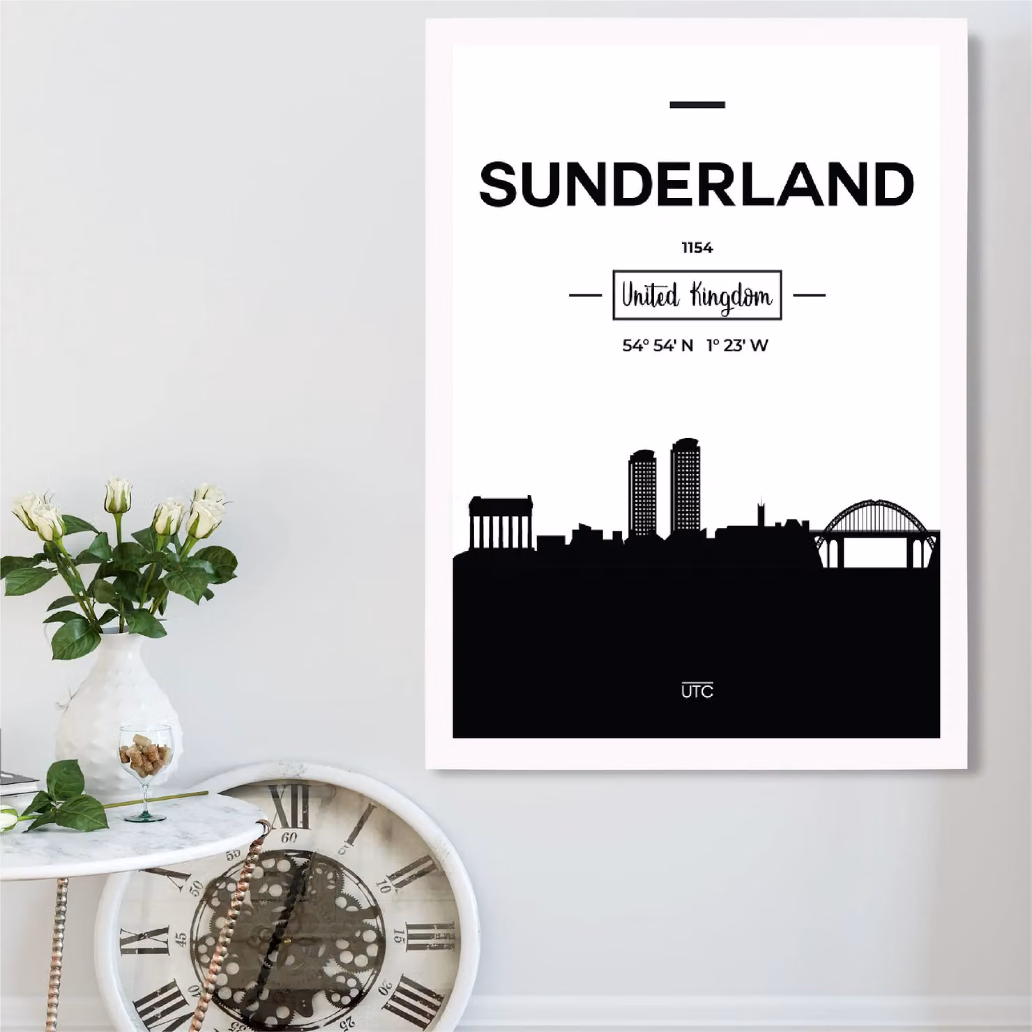 ARTZE Sunderland Black and White City Skyline Framed Print with White Frame, A3 – 2
