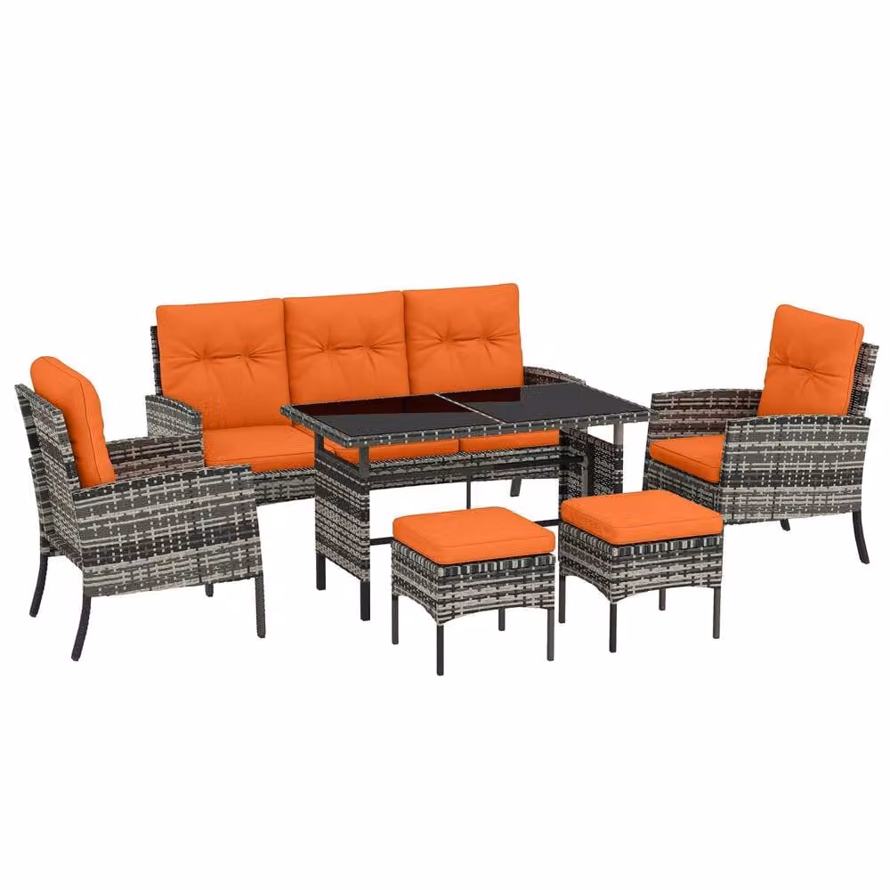 Wyld Haus Lodori 7 Seater Outdoor Dining Set with Grey Rattan and Orange Cushions and Glass Table – 2