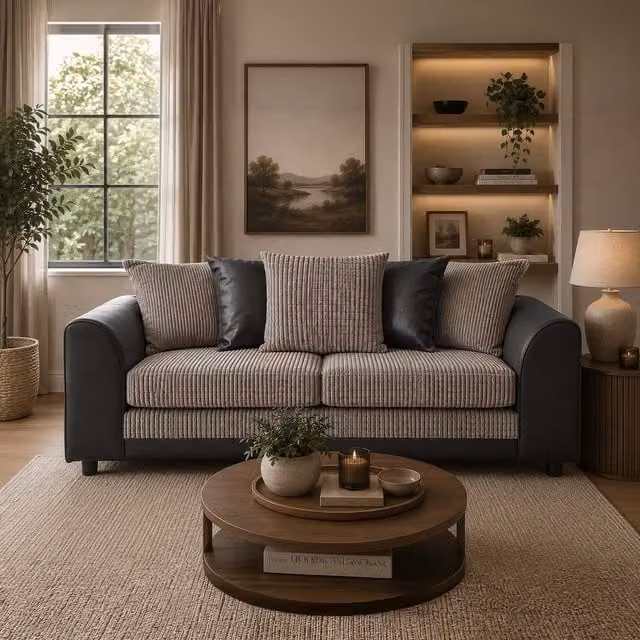 Furnishings For Less UK Luca 3 Seater Fabric and Synthetic Leather Trim Sofa in Black and Grey