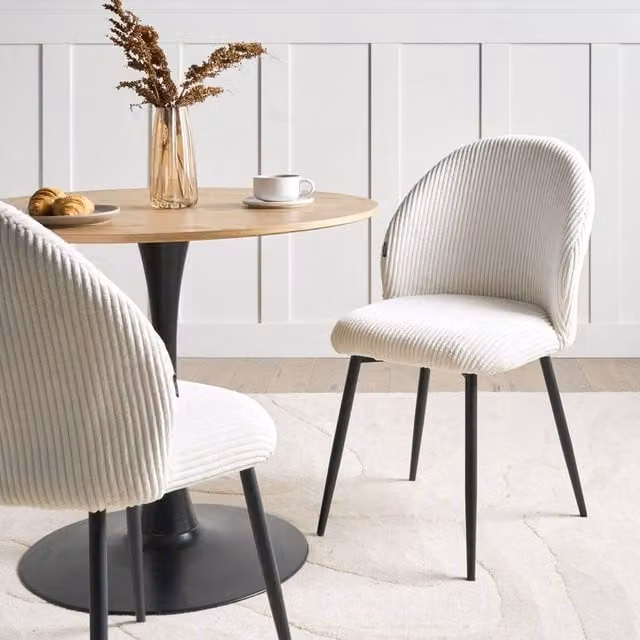 Wyld Haus Set of 2 Off White Corduroy Dining Chairs with Padded Seats and Powder Coated Metal Legs