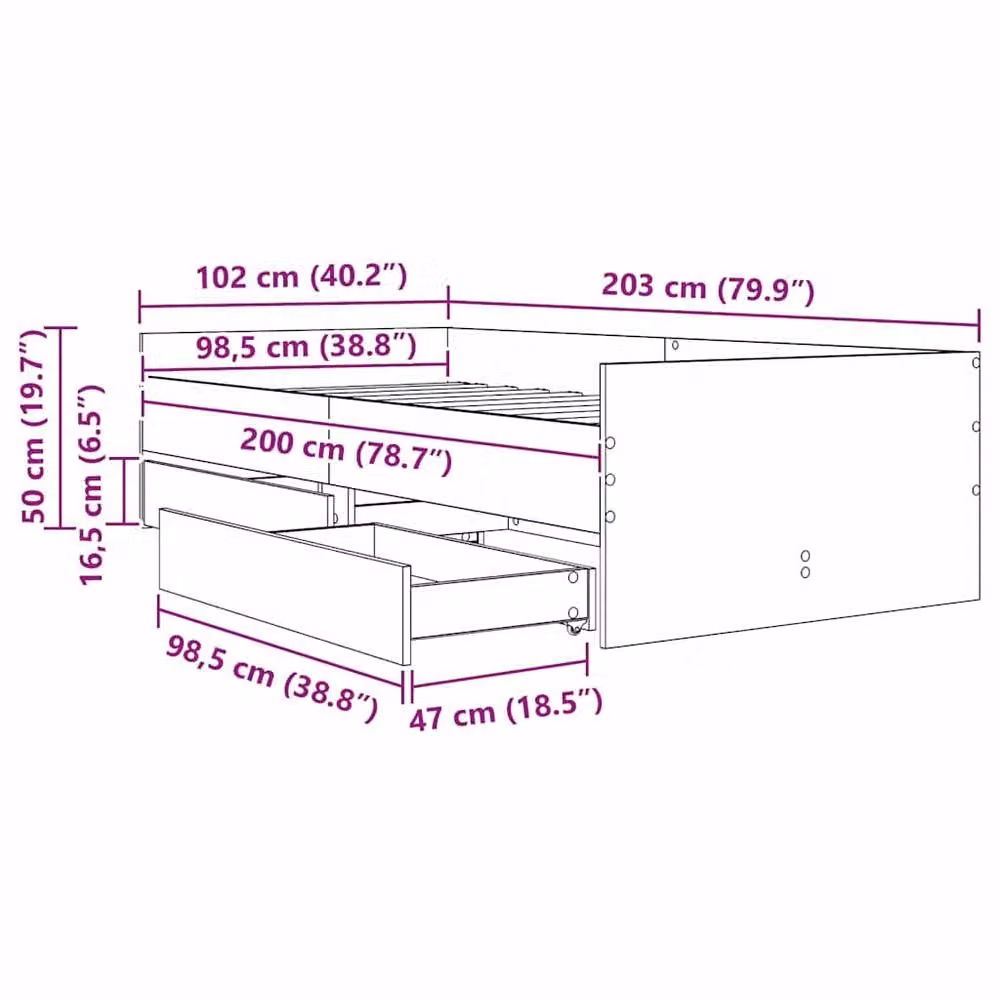 Berkfield Home Black Oak Bed Frame with Drawers in Solid Pine Wood, W/D/H: 100 x 200 cm – 5