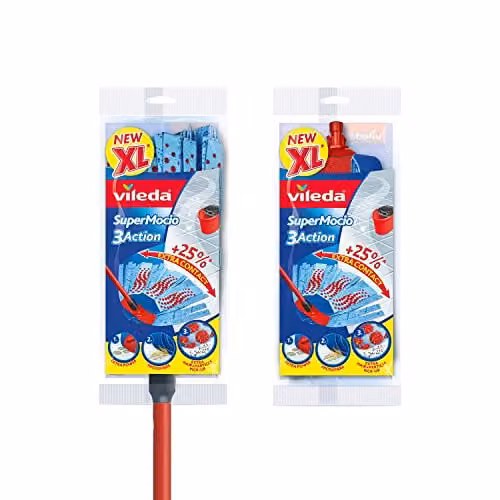 Vileda SuperMocio 3Action XL Mop with Extra Microfibre Refill, Red, Grey and Blue, H: 117 cm, W: 15 cm, D: 6 cm