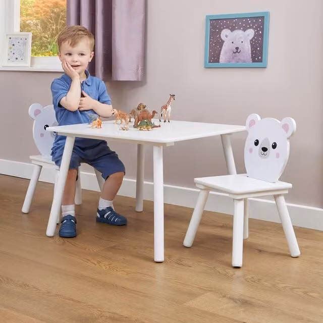 Liberty House Toys Bear Childrens Table and Two Chairs Set in White Pine Wood – 1