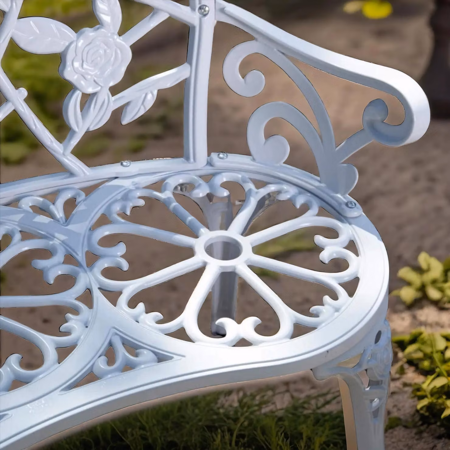 FURNOS White Metal Garden Bench with Antique Floral Rose Petal Detail – 3