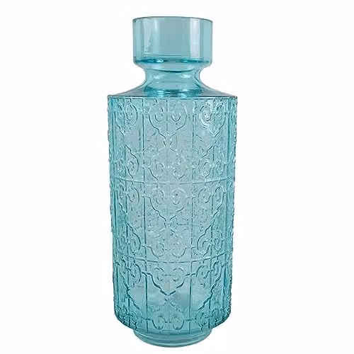 Botanik Premium Luxury Round Glass Tabletop Vase in Turquoise, H 40.0 cm x W 16.0 cm x D 16.0 cm