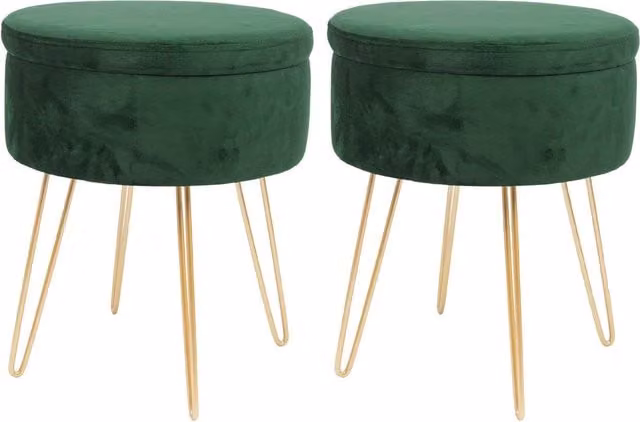 Harbour Housewares Pack of 2 Round Velvet Storage Footstools in Green with Gold Legs, H45 x D36 cm
