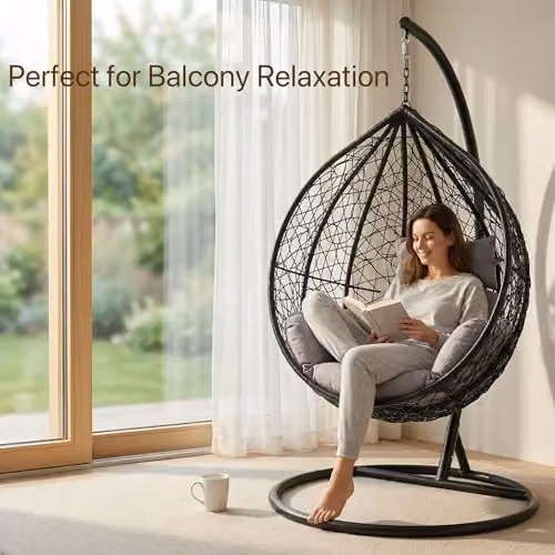 Alivio Grey Rattan Hanging Egg Chair with Stand and Cushions for Garden and Balcony – 2