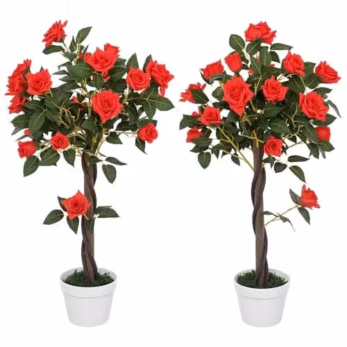 Outsunny Set of 2 Red Artificial Rose Trees, 90 cm Height