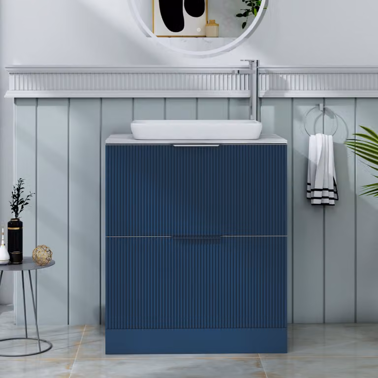 Royal Bathrooms Evora Midnight Blue Fluted Floor Standing Countertop Vanity Unit with Qubix Basin and 2 Drawers