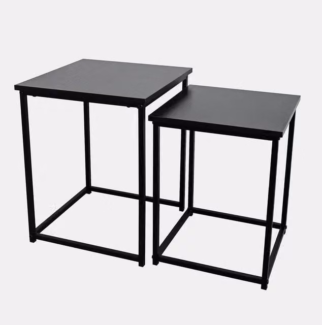 OHS Set of 2 Modern Square Black Wooden Side Tables with Nested Tops