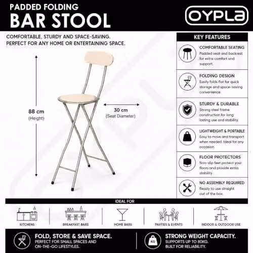 Oypla White Padded Folding Kitchen Bar Stool with Synthetic Leather Seat – 2