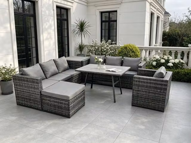 Fimous 8 Seater Dark Grey PE Rattan Garden Dining Set with Rectangular Table and Armchairs – 1