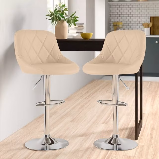 Neo Set of Two Modern Geometric Swivel Barstools in Beige Synthetic Leather