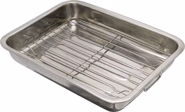 Buckingham Stainless Steel Rectangular Open Roasting Pan with Rack and Handles, Silver