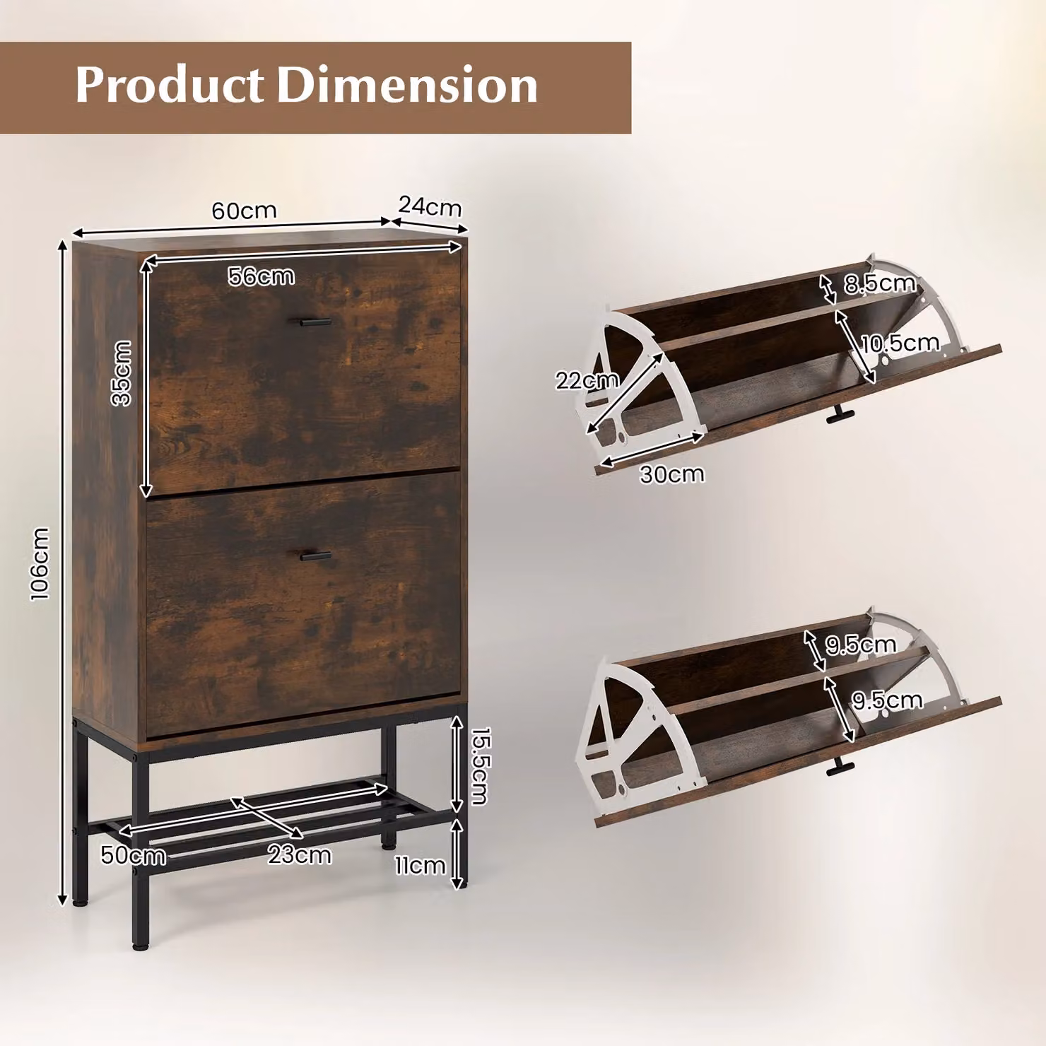 Gymax Freestanding Industrial Shoe Cabinet in Brown with 2 Tilting Drawers and Metal Shelf – 4