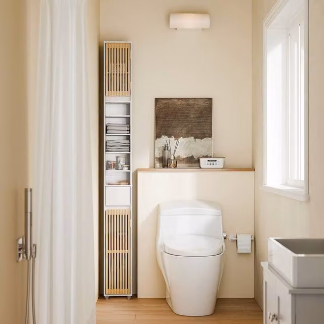SoBuy Slim Tall Bathroom Cabinet in White MDF with Hinged Doors and Internal Shelves, Height: 180 cm