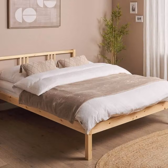 Wyld and Coco Modern Solid Wood Pine Double Bed Frame in Brown, 140 x 200 cm – 1