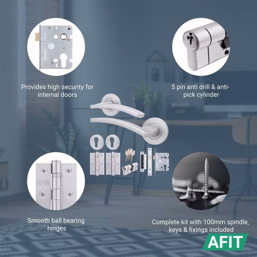 AFIT Satin Door Handle, Euro Lock Cylinder and Hinges Set in Silver, W/D/H: 15 x 15 x 1.5 cm – 2
