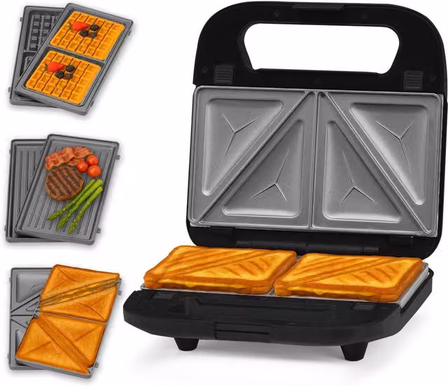 Innoteck 3 in 1 Sandwich Waffle and Panini Maker with Removable Non Stick Plates, Black